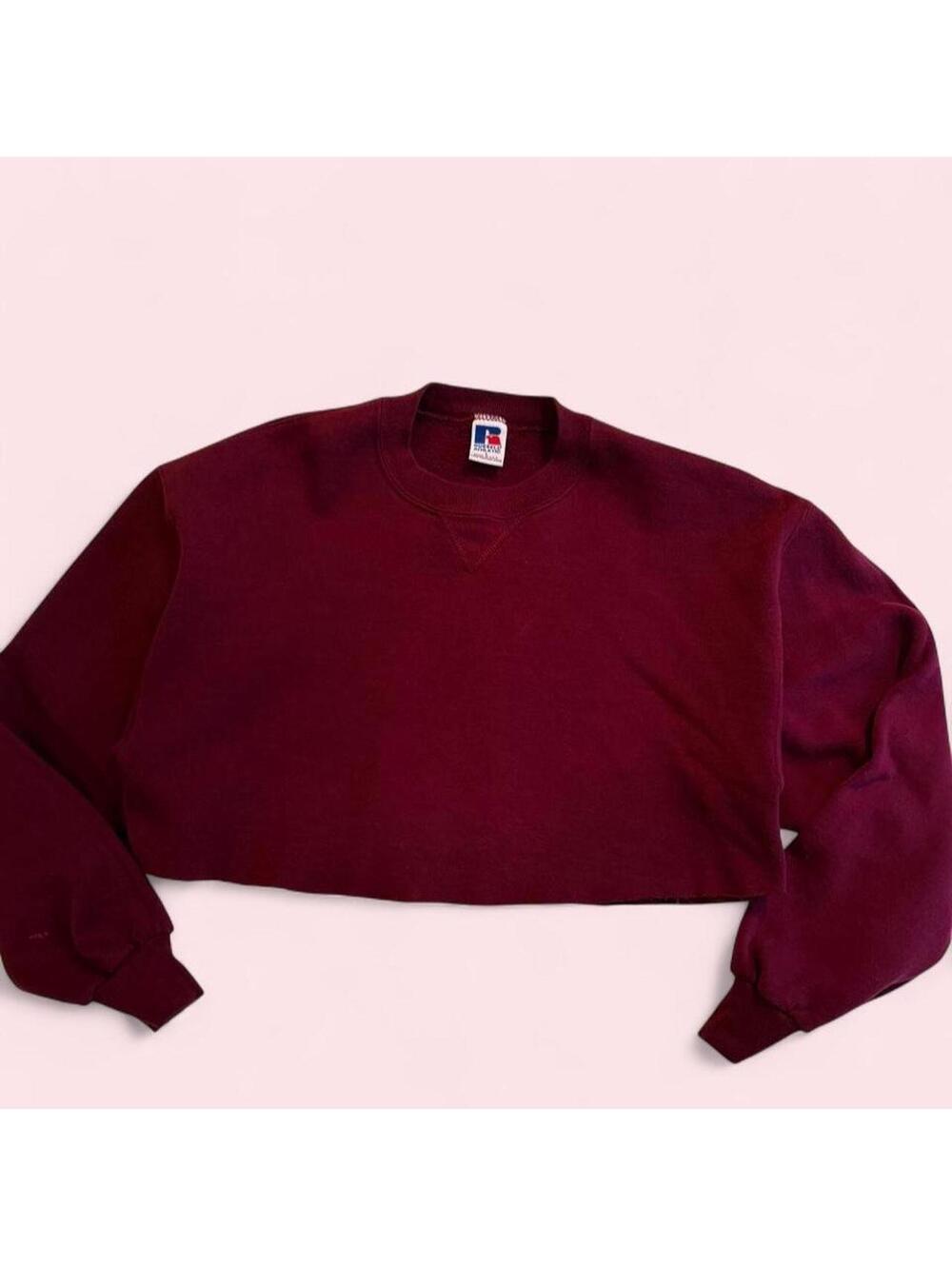 Vintage 90s Russell Athletic USA Burgundy Cropped Crewneck Sweatshirt